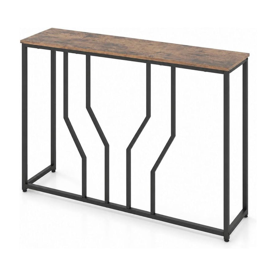 Modern White Faux Marble Entryway Table with a rustic brown top and a black geometric metal frame