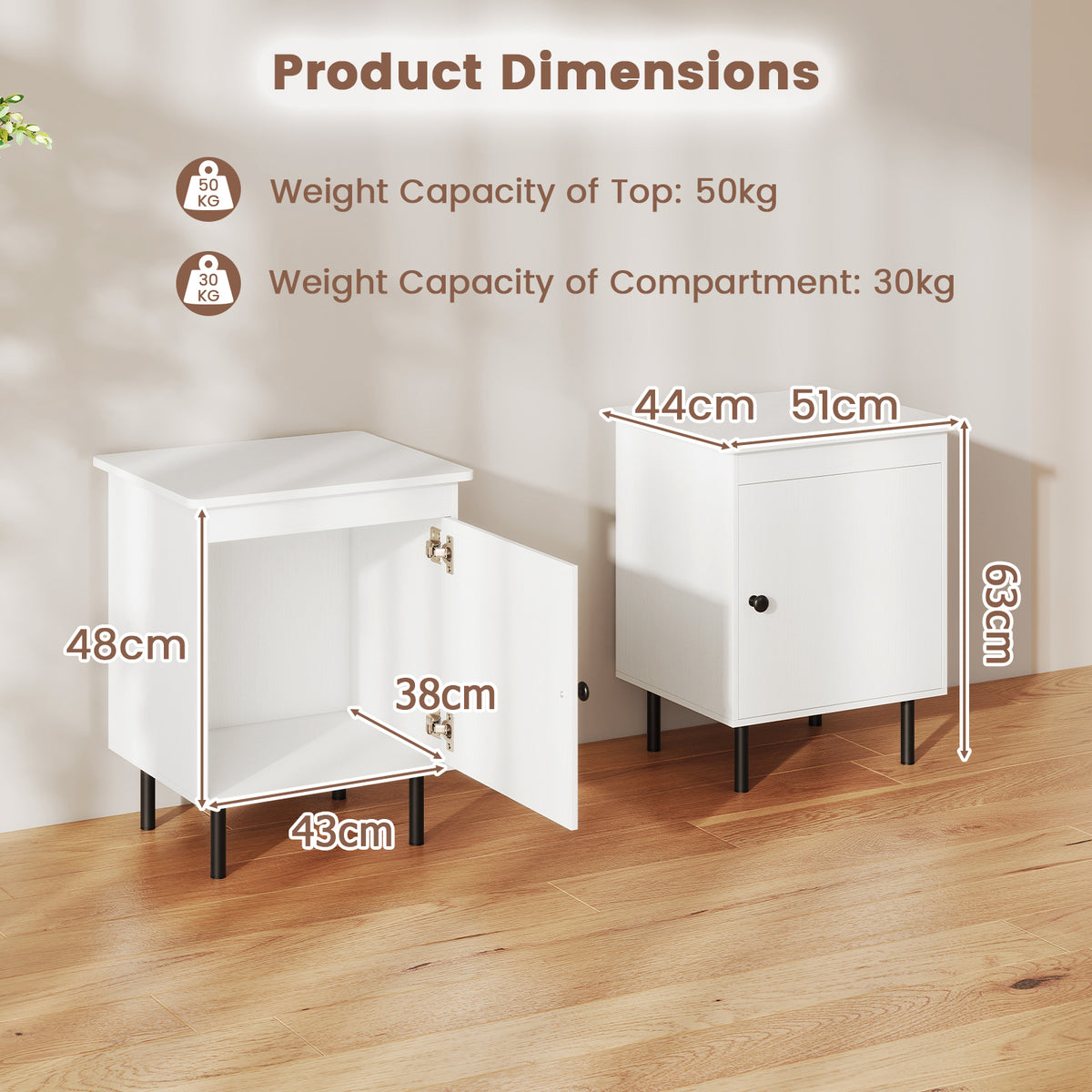 Set of 2 modern Nightstand with Cabinet and Heavy-Duty Metal Legs-White