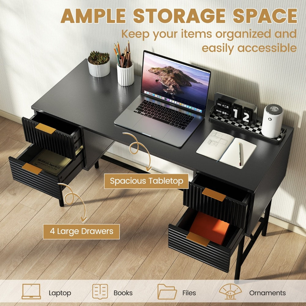 The black computer desk with storage, with drawers open to show ample space for files and books
