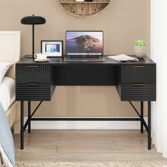 Office desk with drawers and storage, shown in a bedroom setting with a laptop and lamp