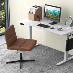 Brown PU leather upholstered armless office desk chair next to a white desk