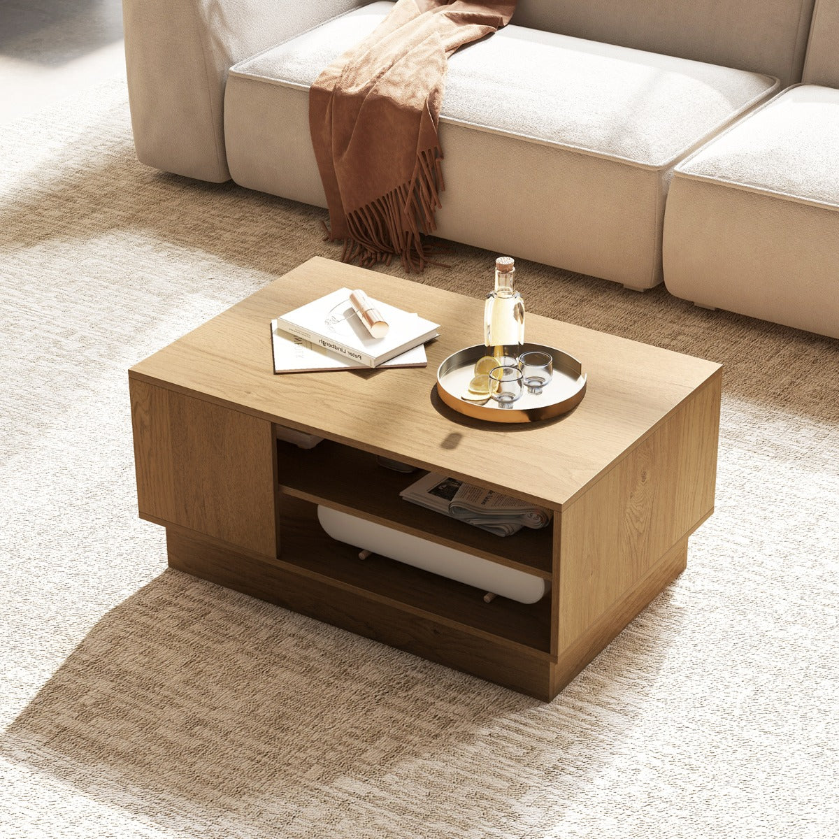 Modern Rectangle Coffee Table with 2-Tier Open Storage Shelves-Natural