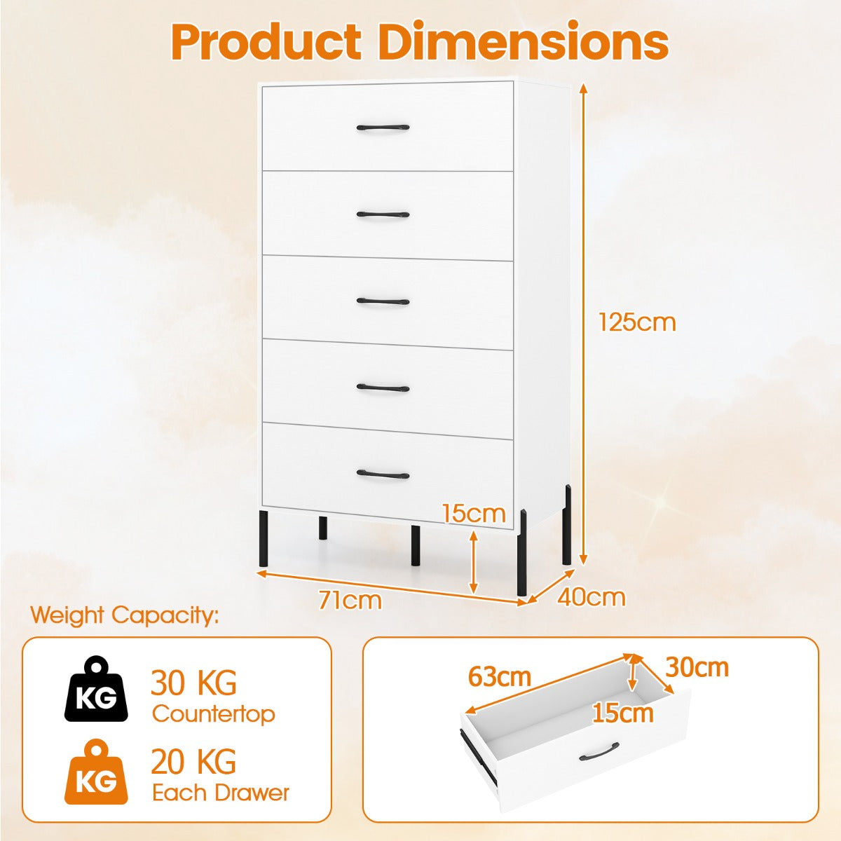 Modern Tall Chest of Drawers with Metal Legs and Handles-White