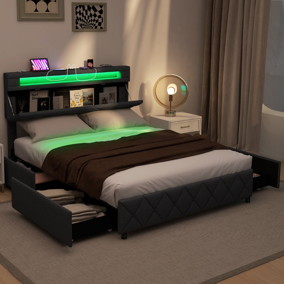 Modern Upholstered Bed Frame with Led Lights and Charging Station-Double Size
