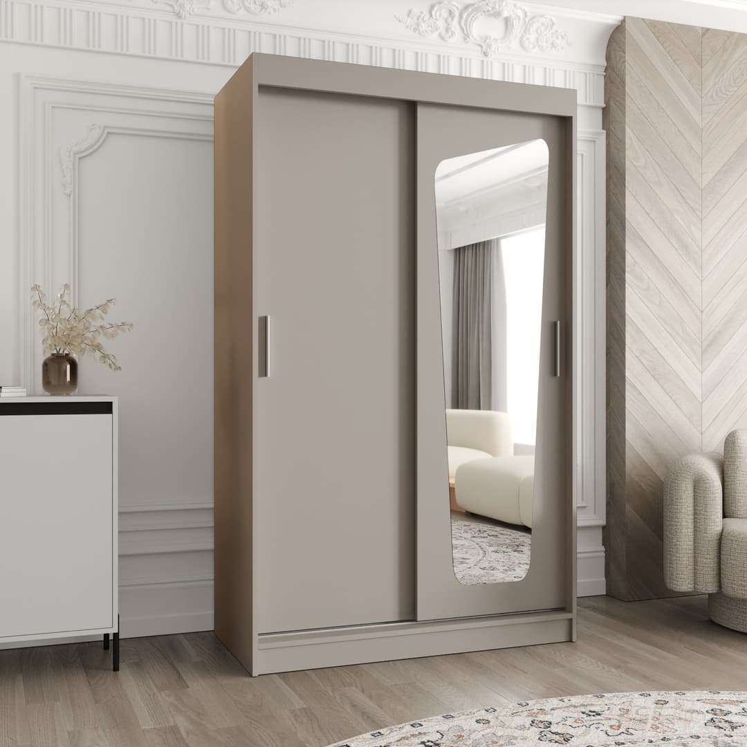 The Moka Sliding Door Wardrobe 120cm in a grey finish with a mirrored door