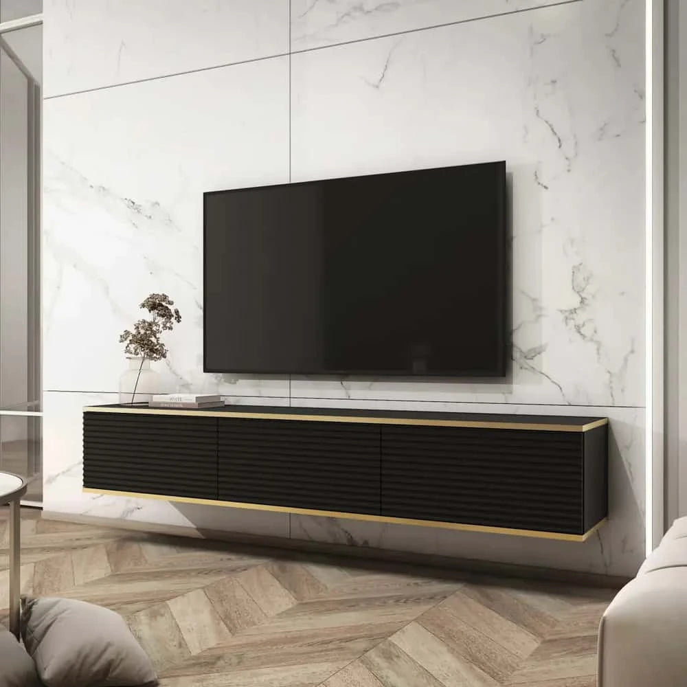 Black Moro Floating TV Cabinet 175cm mounted on a marble wall