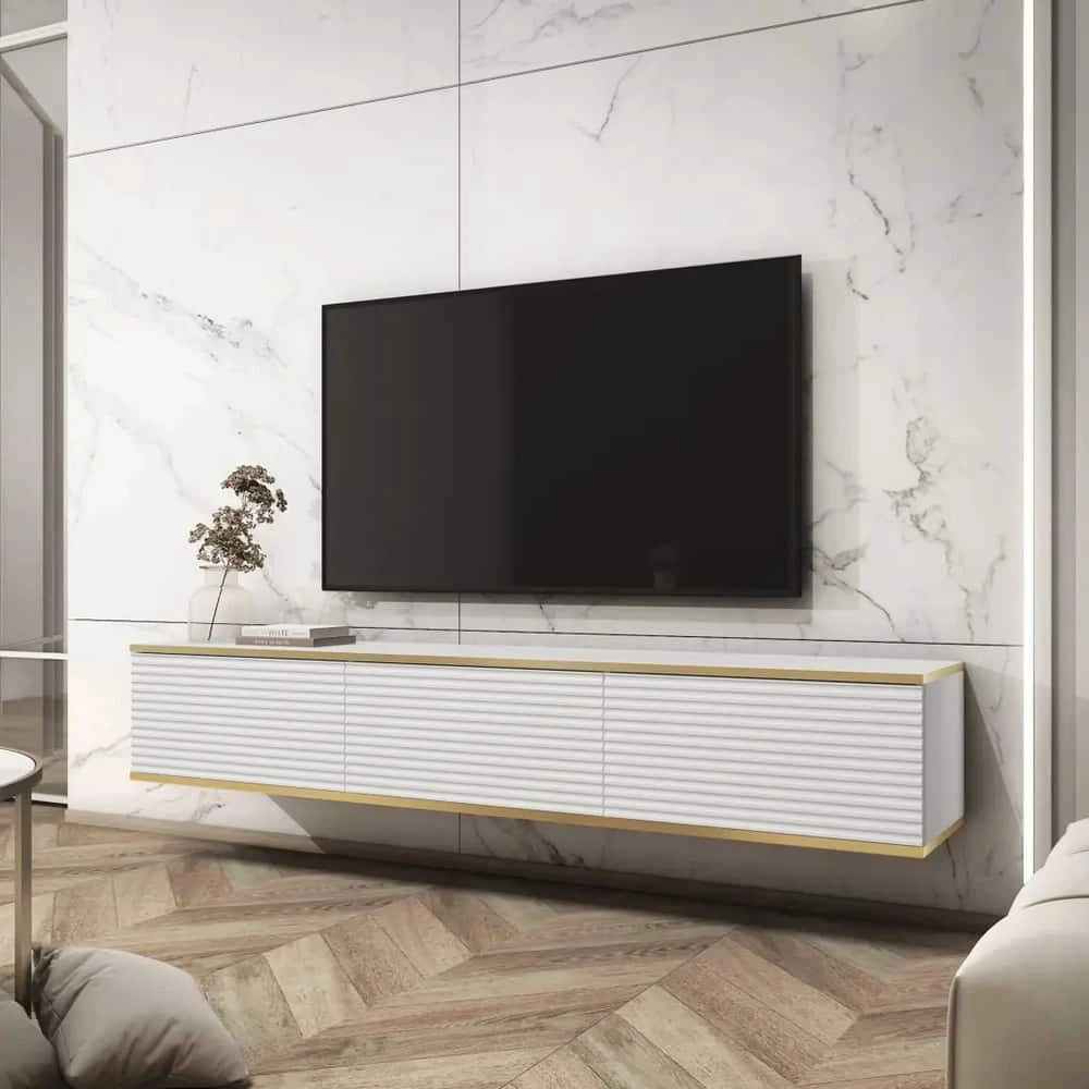 White Moro Floating TV Cabinet 175cm mounted on a marble wall