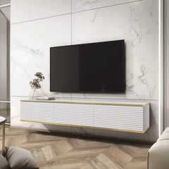 White Moro Floating TV Cabinet 175cm mounted on a marble wall