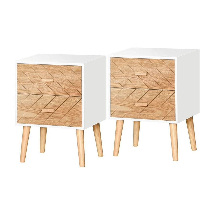 HOMCOM 2 Drawers Bedside Table with Pine Legs, Bedroom Wooden Storage Cabinet, Set of 2, Natural