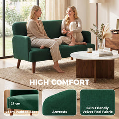 HOMCOM Velvet Feel Fabric 2 Seater Sofa, Small Sofa Loveseat with 21cm Thick Padding and Wood Legs, Dark Green