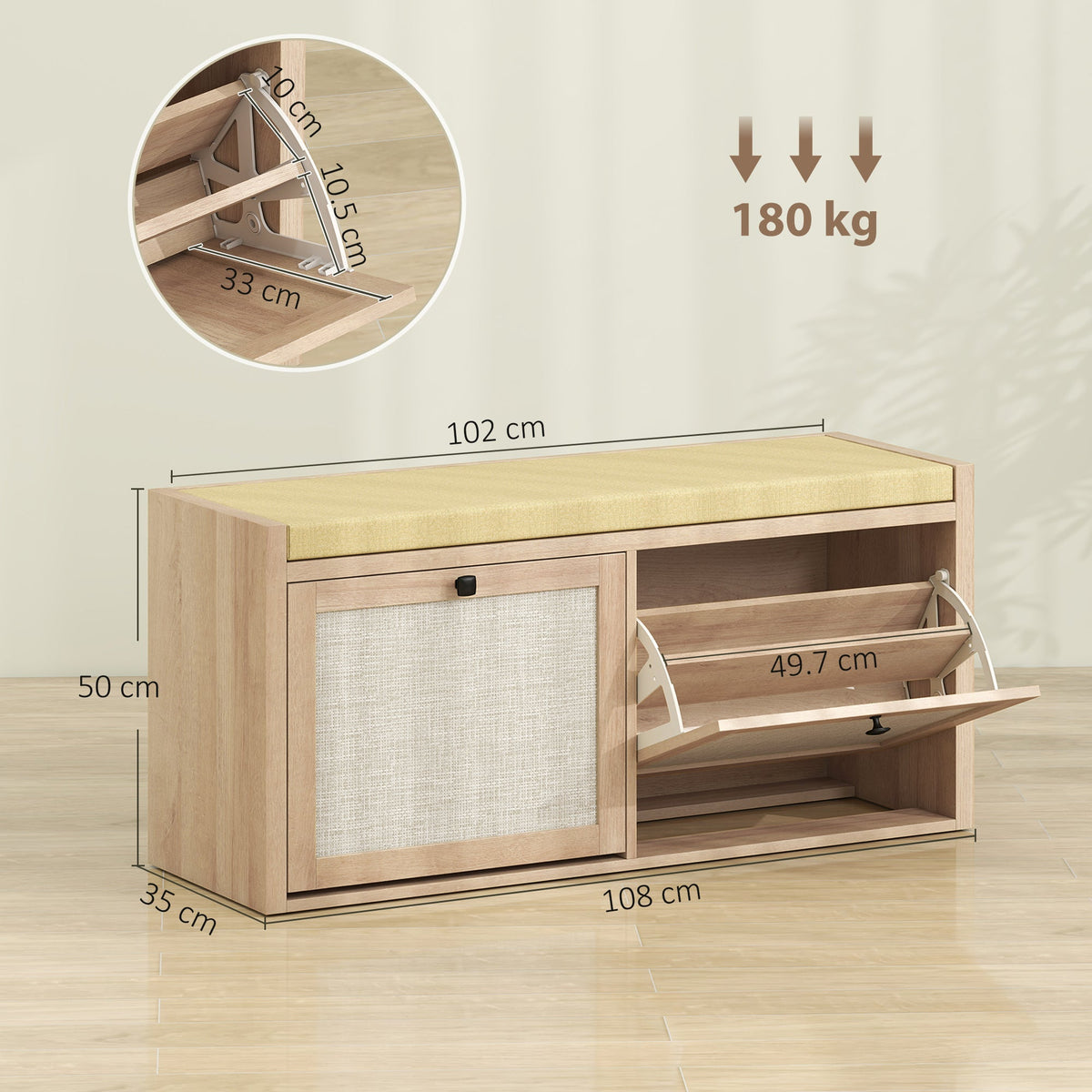 HOMCOM Rattan Shoe Bench with Padded Cushion and 2 Cabinets for Hidden Storage, Oak Wood Effect