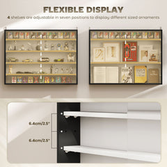 HOMCOM 5-Tier Wall Display Cabinet, Wall Mounted Display Case w/ 4 Adjustable Shelves, Glass Doors, 60x80cm, Black and White
