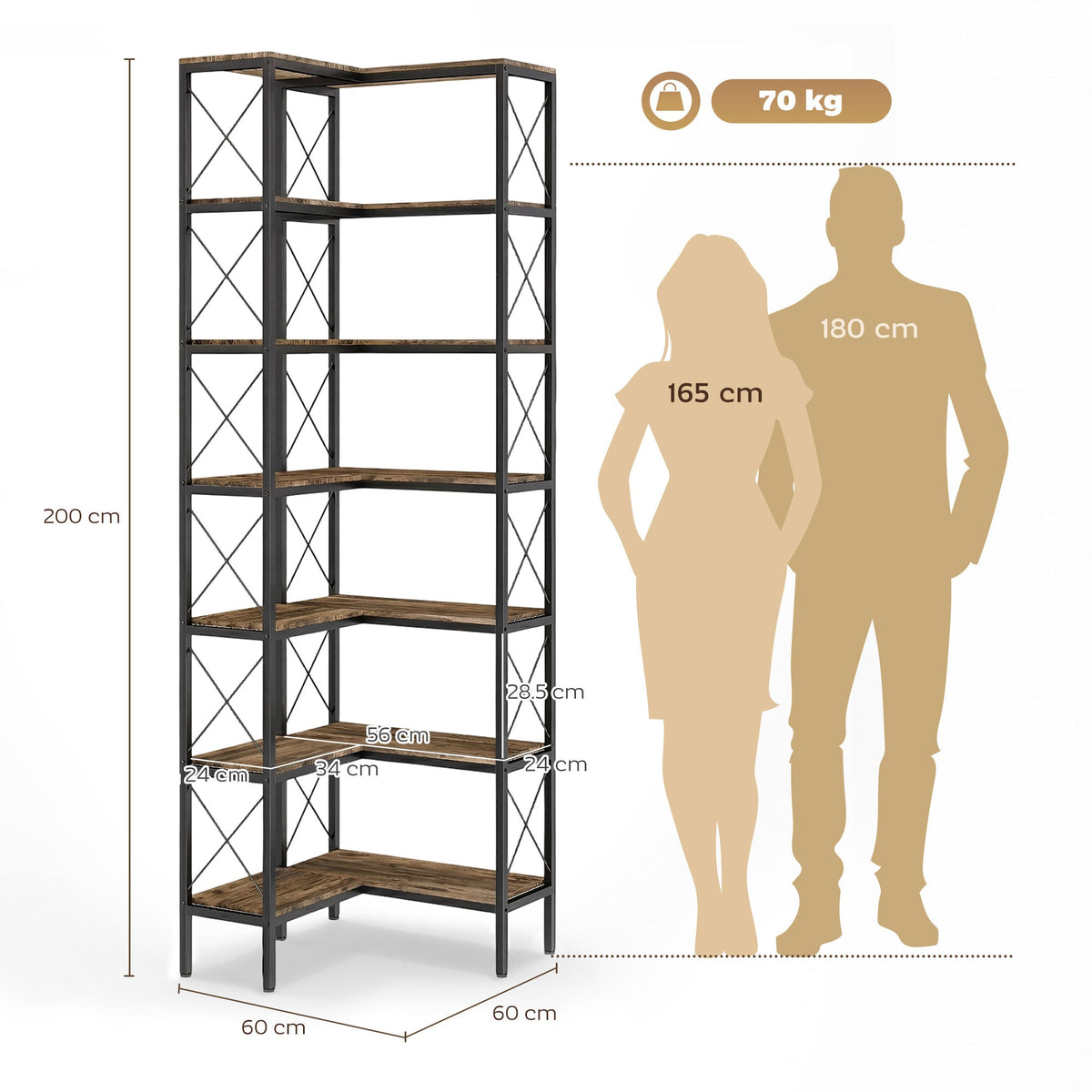 HOMCOM 6-Tier L-Shaped Bookshelf, Freestanding Corner Bookcase with Metal Frame, Rustic Brown