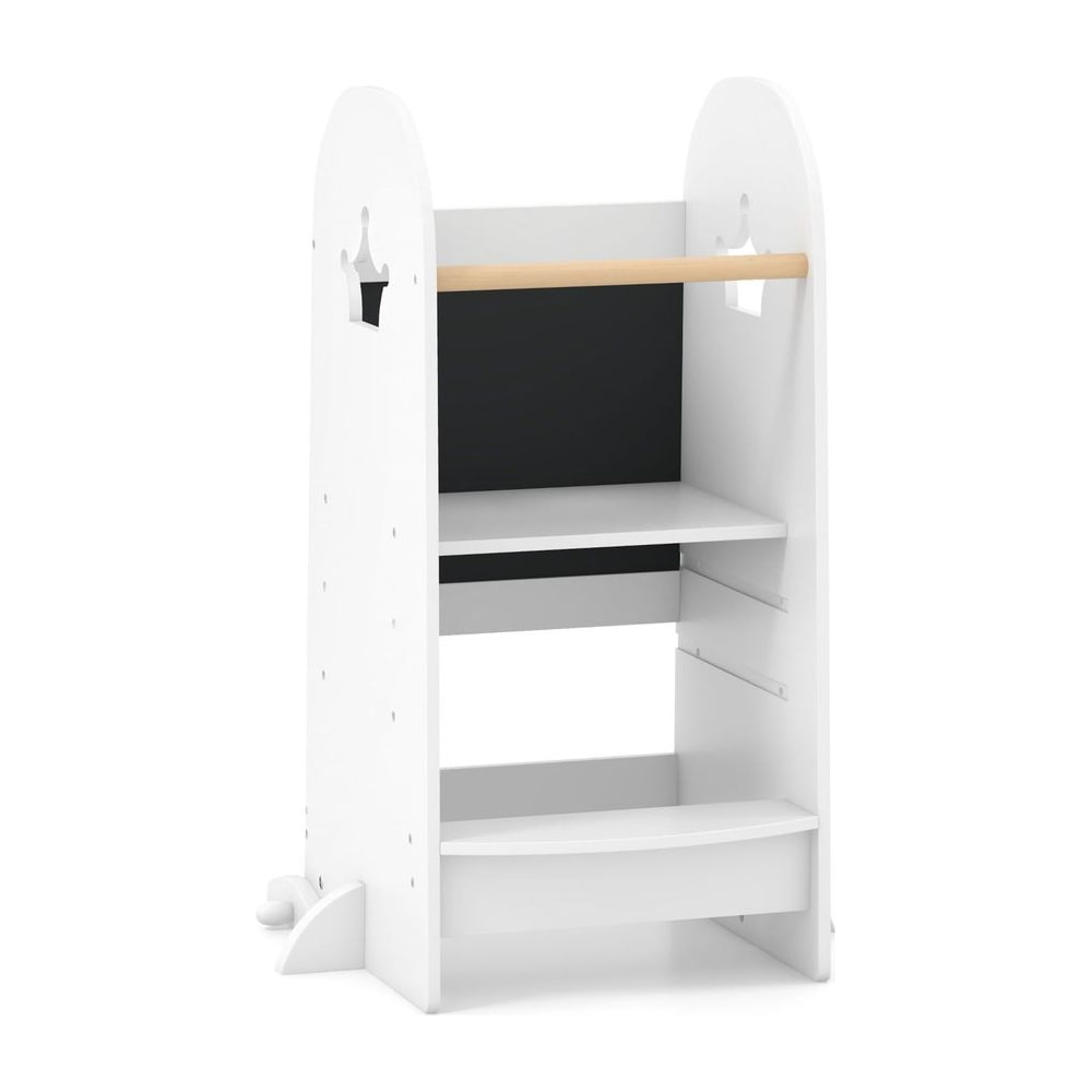 Multi-purpose Kids Kitchen Tower in white with a blackboard and two shelves