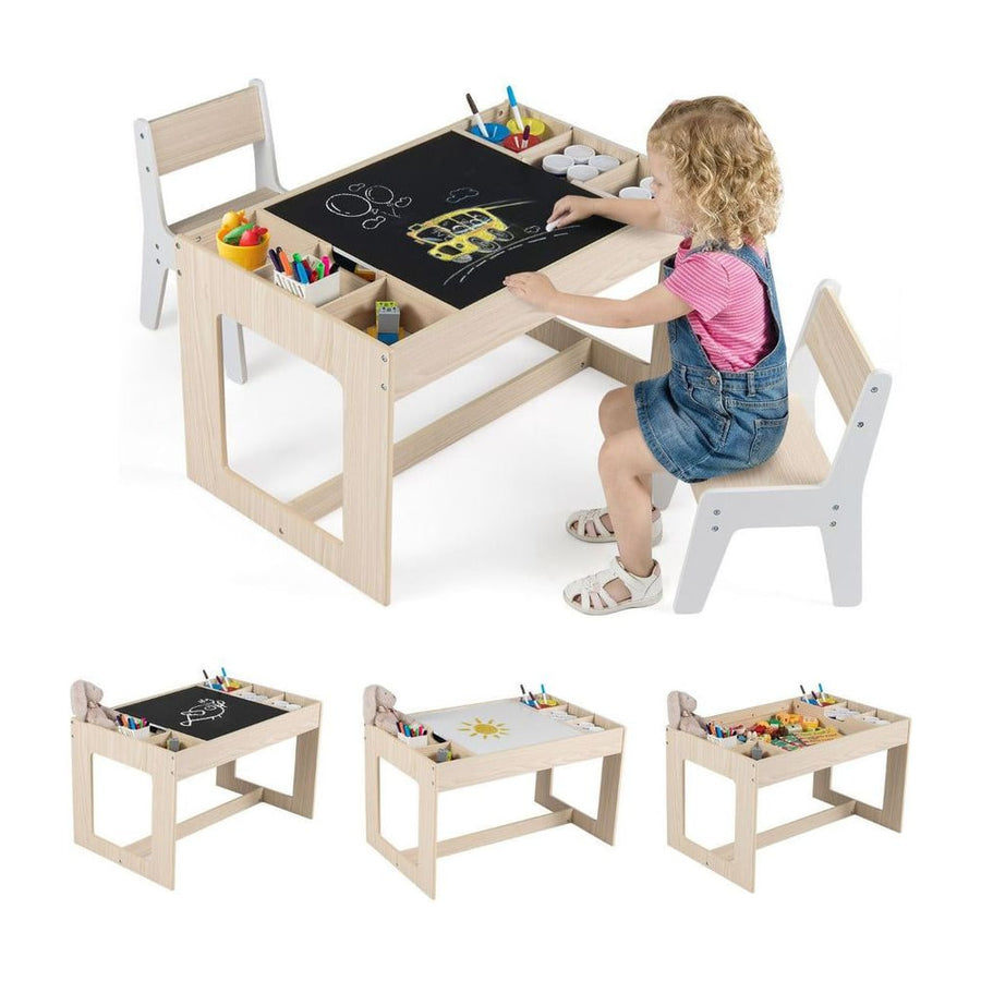 Multifunctional Kids Table and 2 Chairs Set with Whiteboard-Natural & White