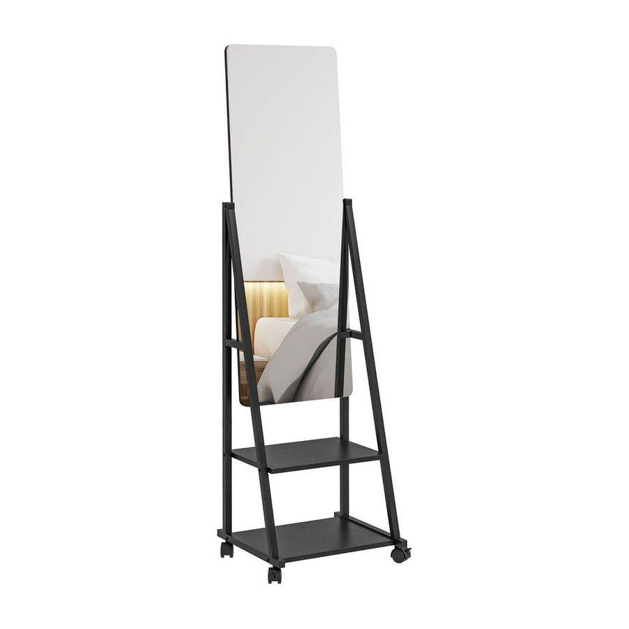 HOMCOM Free Standing Dressing Mirror, Rolling Full Length Mirror on Wheels with Adjustable Angle, Storage Shelves for Bedroom