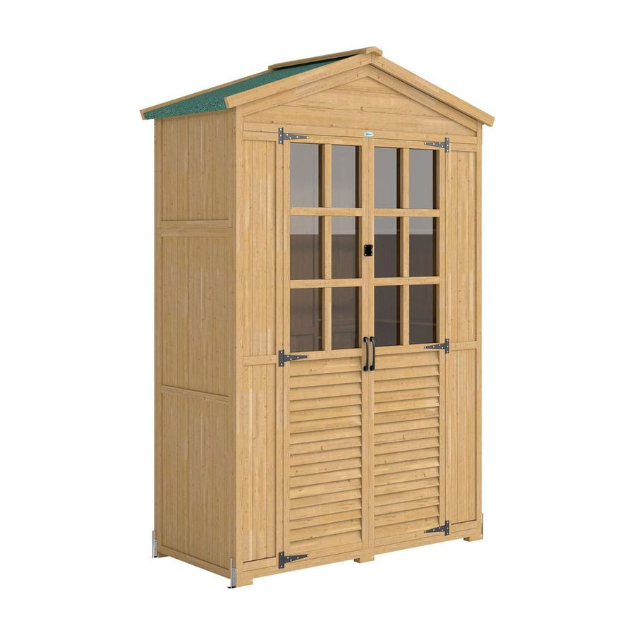 Outsunny Outdoor Wooden Storage Cabinet, Garden Tool Shed with Acrylic Windows for Patio, Light Brown