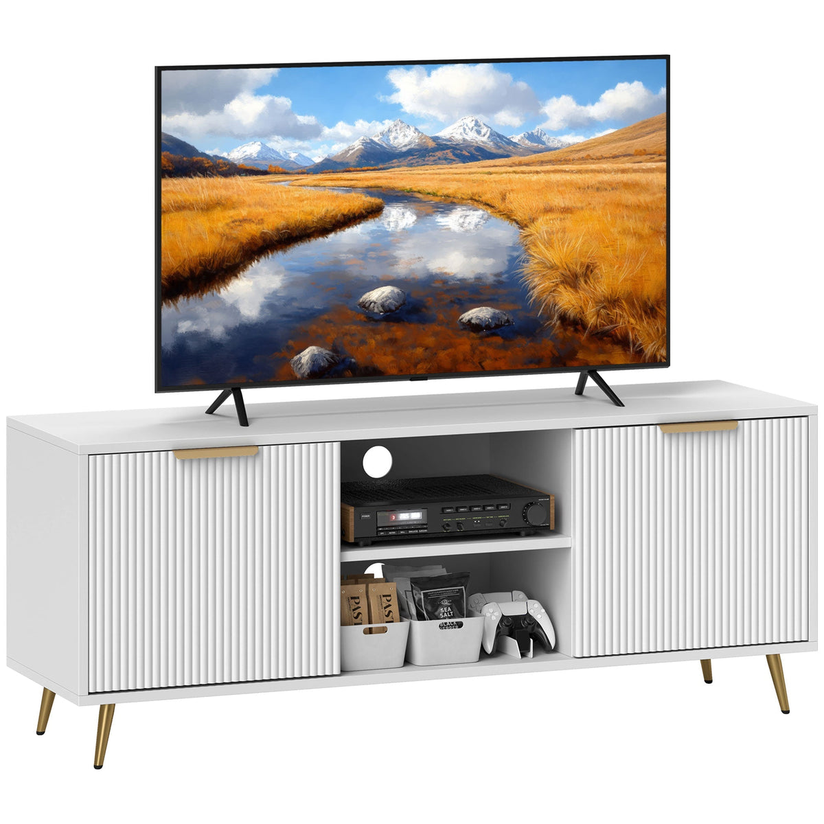 HOMCOM Modern TV Stand Cabinet for TVs up to 55", TV Unit with 2 Open Shelves and 2 Cabinets, Entertainment Centre with Cable Management for Living Room, White