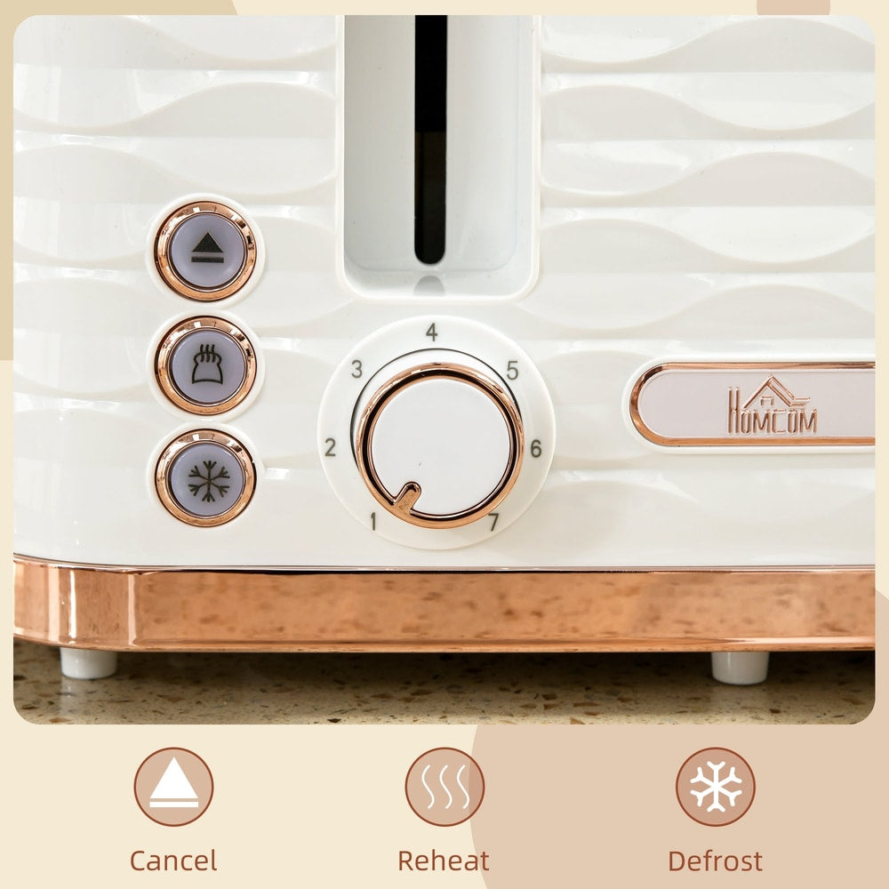 The four-slice toaster control panel showing the browning dial and function buttons close up