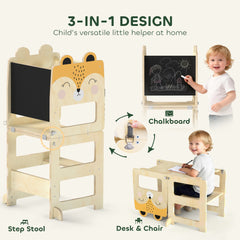 AIYAPLAY Toddler Step Stool, Standing Tower with Chalkboard, 3-in-1 Fox-Shaped Step Stool for Kitchen Counter, Natural