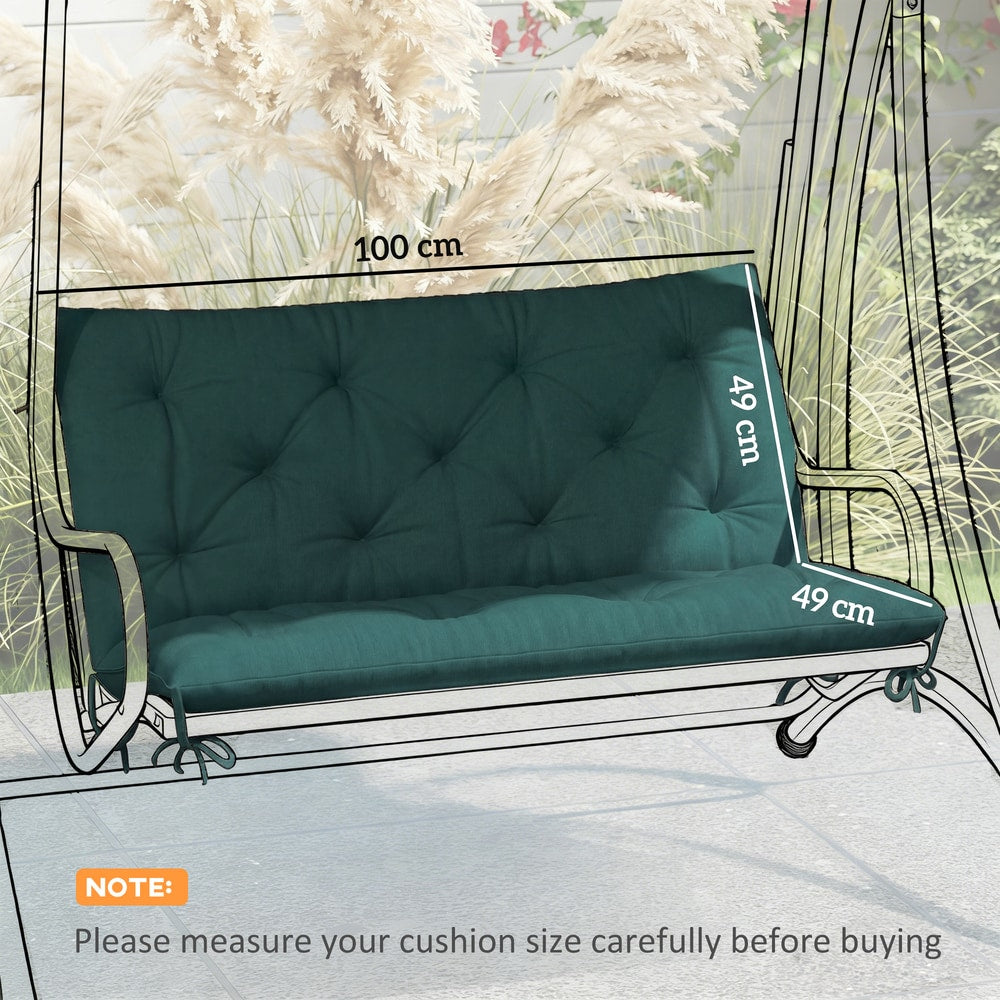 The green garden chair cushion with size dimensions overlaid on a sketched swing