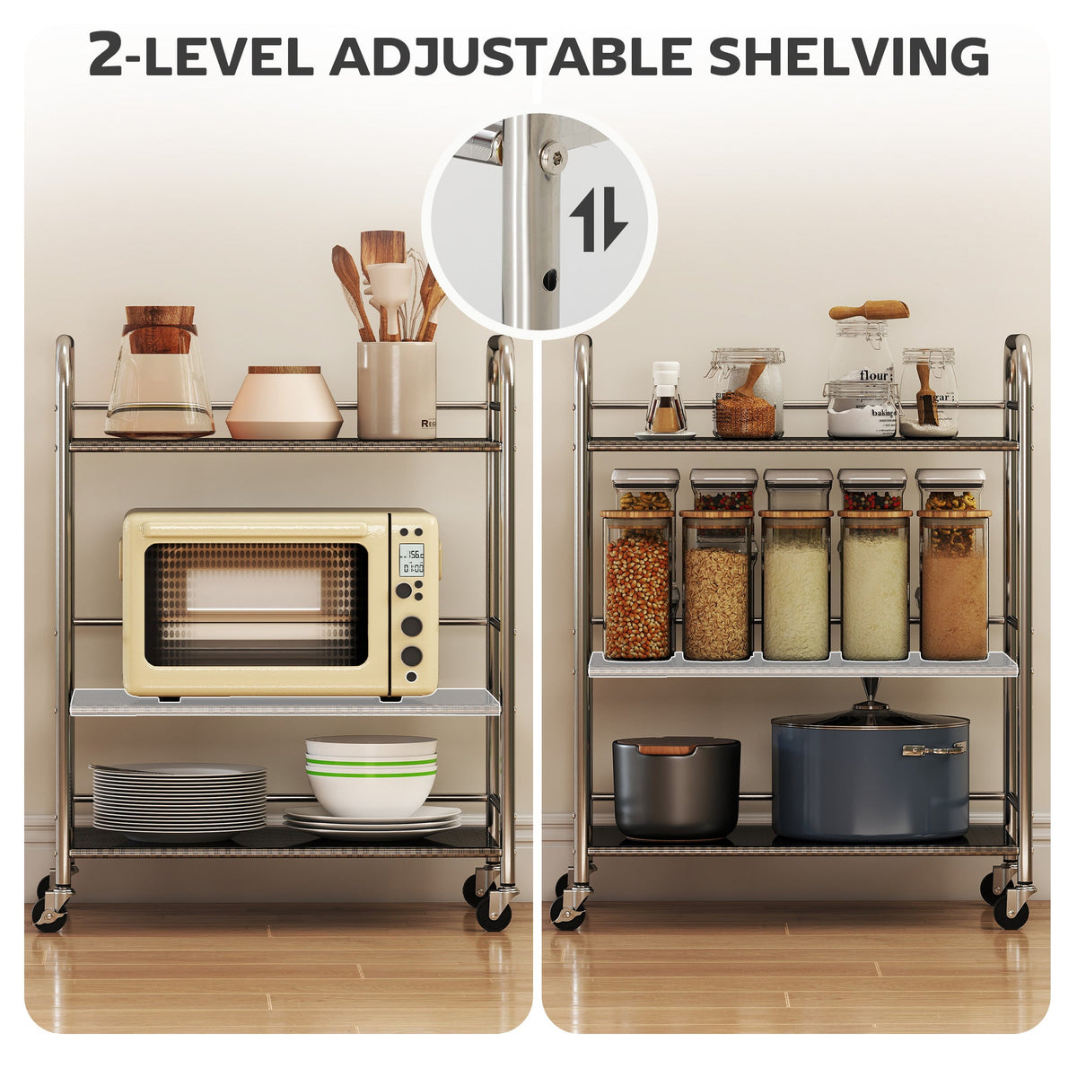 HOMCOM 3 Tier Stainless Steel Kitchen Storage Trolley with Adjustable Shelf - Silver
