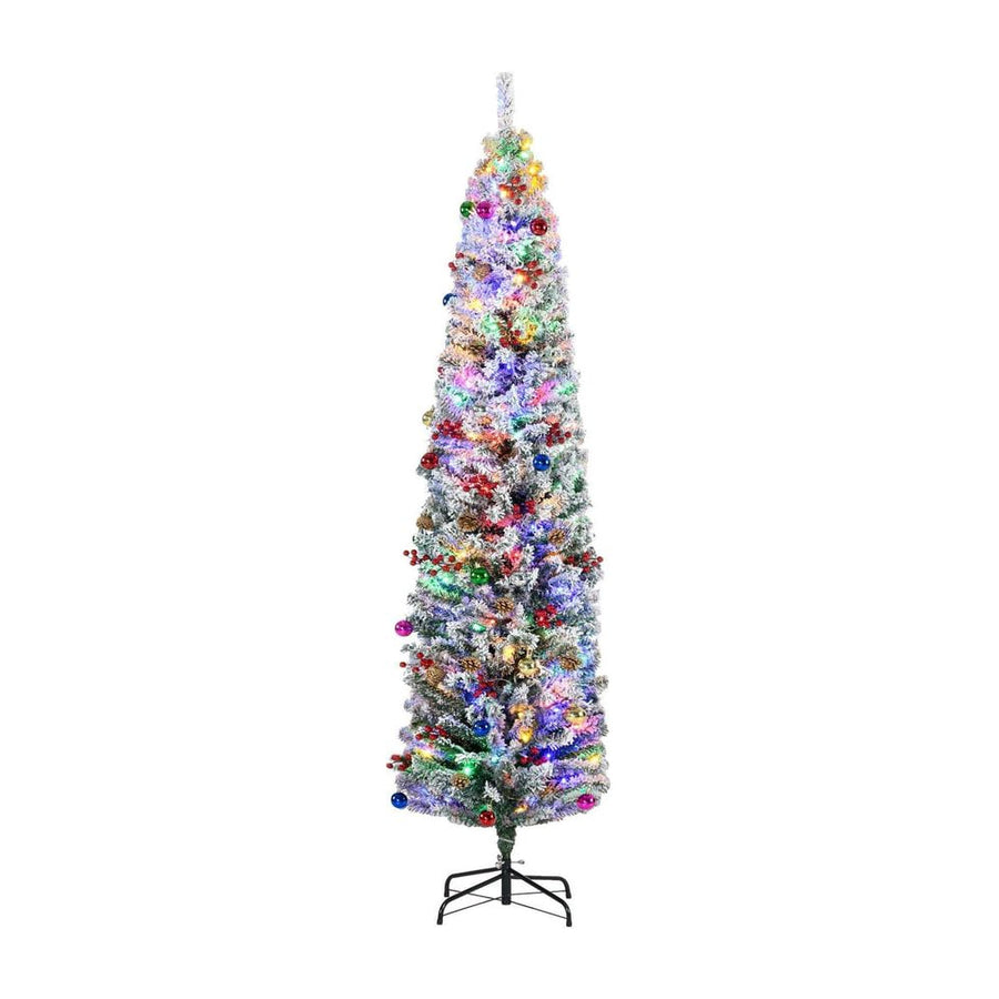 HOMCOM 7ft Snowy Artificial Christmas Tree, with Lights, Decorations and Pine Cones