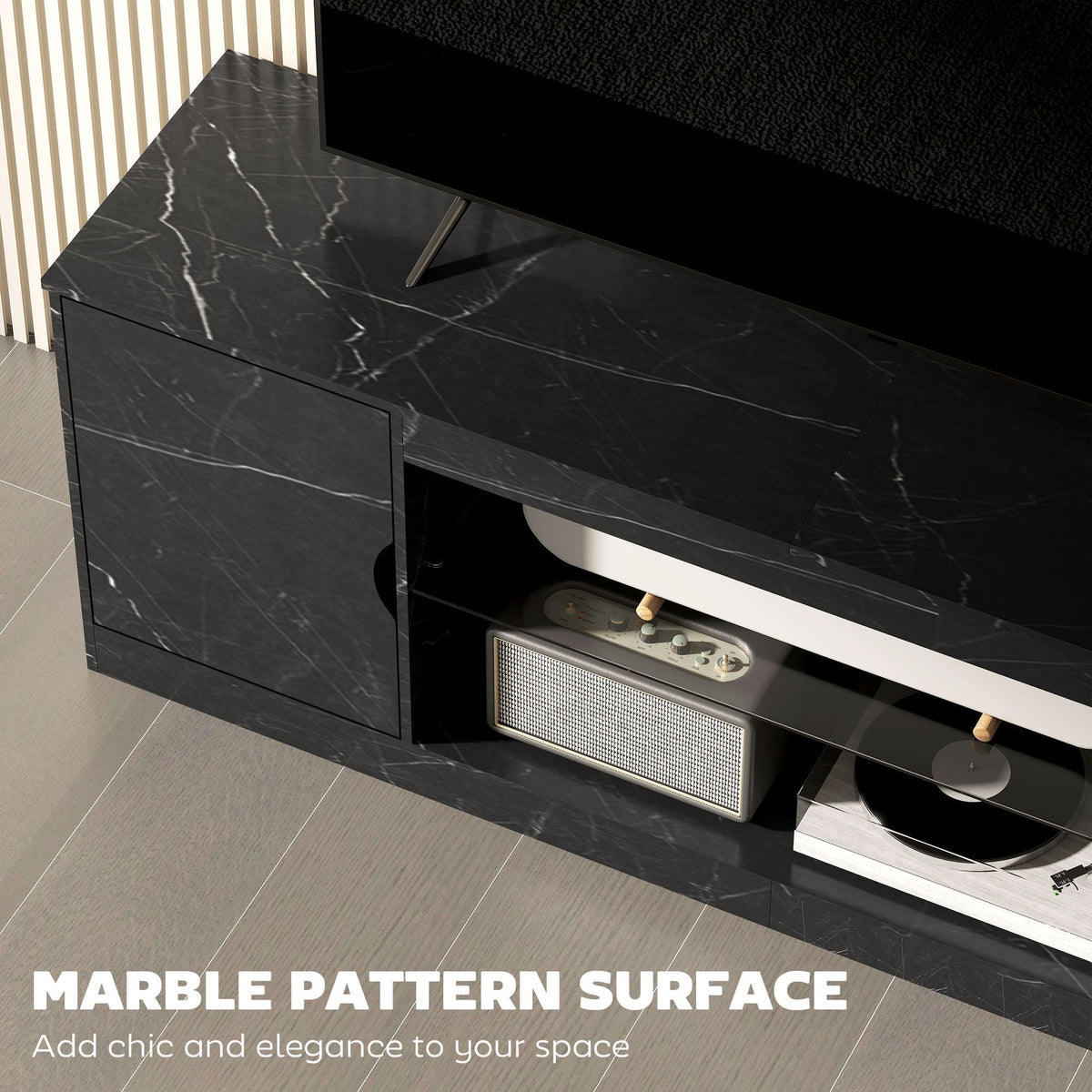 HOMCOM TV Stand Cabinet, Marble Effect TV Unit for up to 55" TVs with Glass Shelf and Storage Cabinet, Entertainment Unit for Living Room, Bedroom, Black