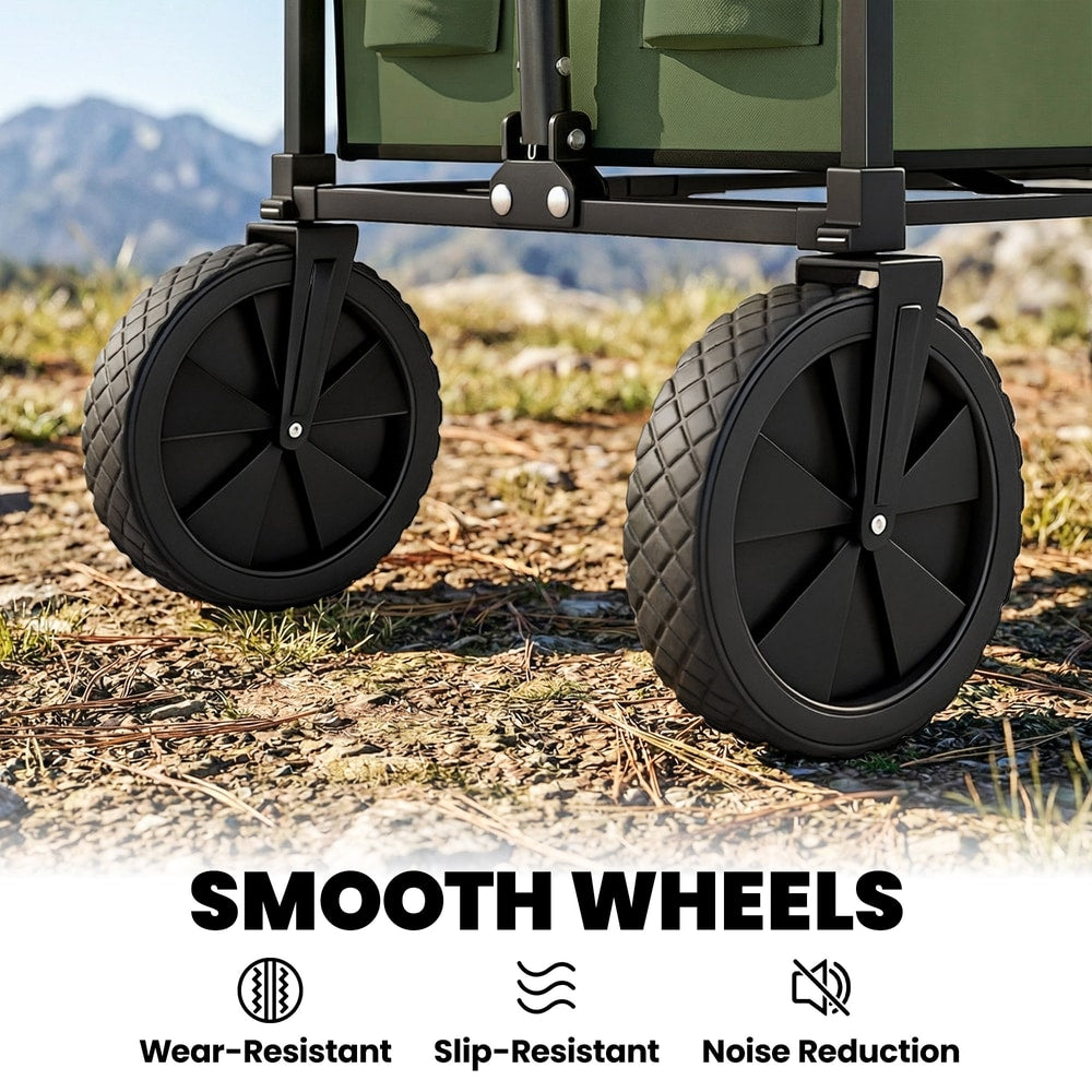 Outsunny 95L Foldable Festival Trolley on Wheels, Collapsible Wagon Cart with Adjustable Handle and 2 Cup Holders, Dark Green