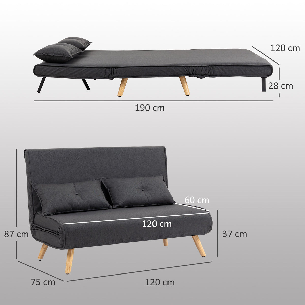 HOMCOM Two-Seater Linen-Look Sofa Bed - Charcoal Grey