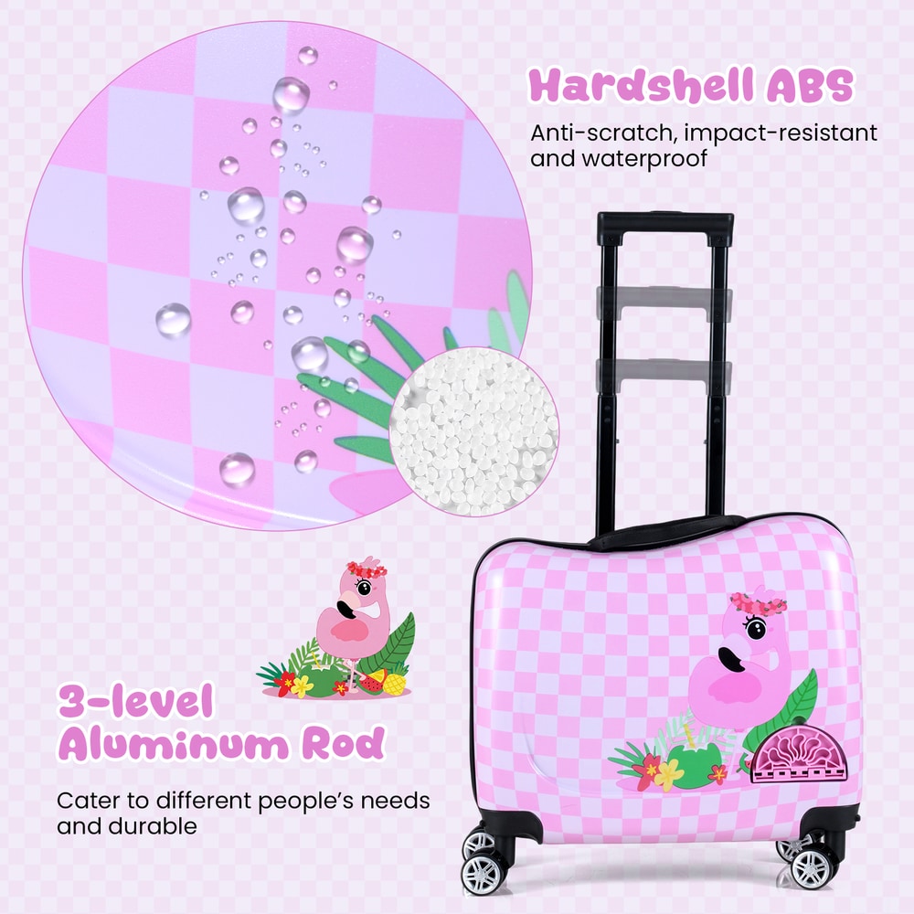 Close up of the pink and white checkered kids luggage set showing material and handle