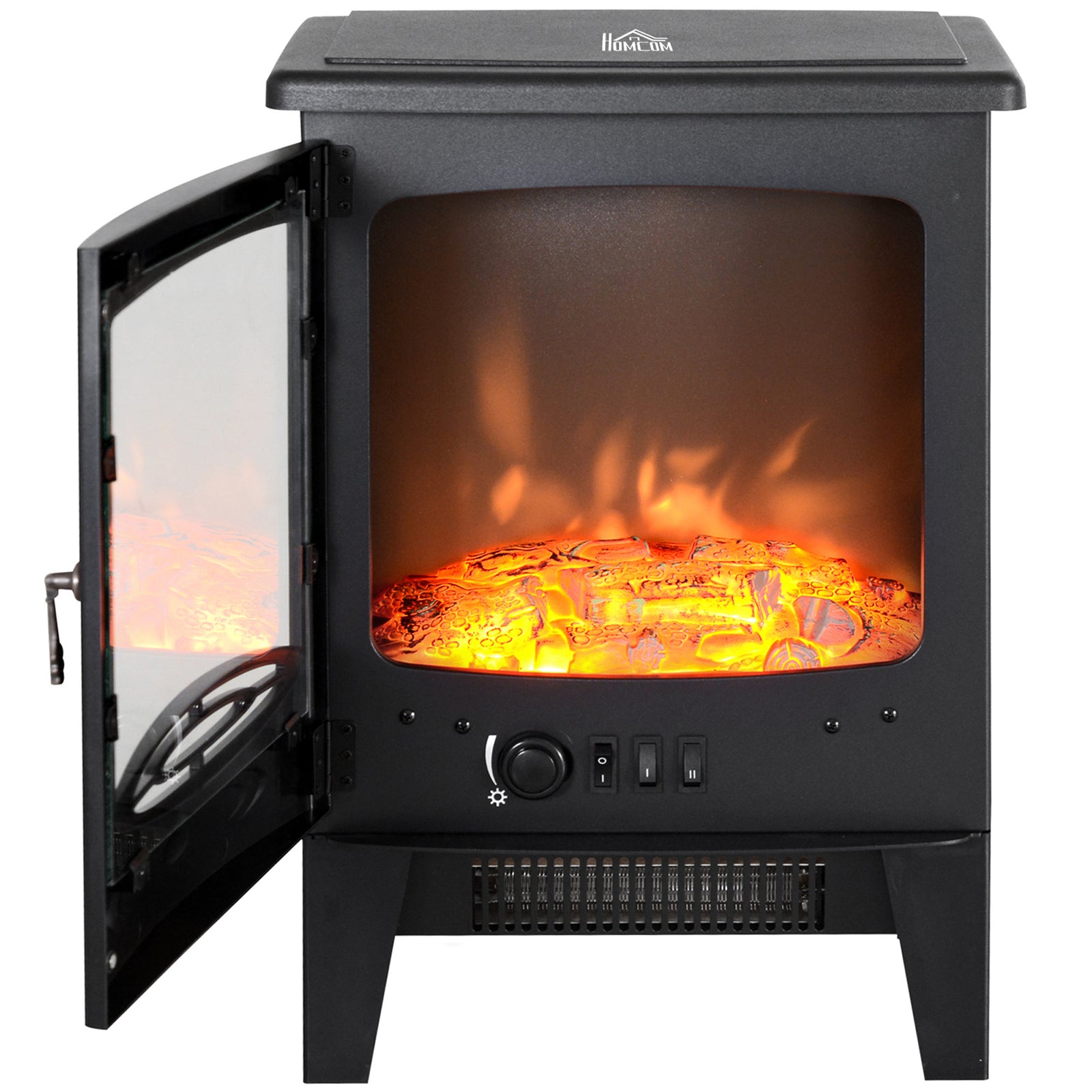 HOMCOM Tempered Glass Casing Electric Fireplace, Freestanding Electric Fire with Realistic Flame Effect, Log Burner with Overheat Protection, 1000w/ 2000W, Black