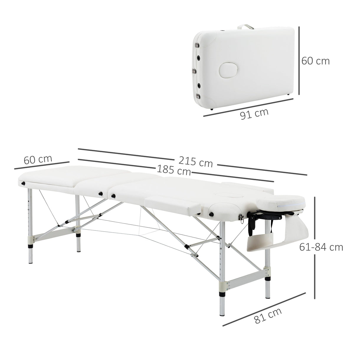 HOMCOM Foldable Massage Bed Portable Table, 3-Section Aluminium Foldable Beauty Couch, Professional Salon Spa Table with Headrest Support and Carry Bag, 81 cm Width, White