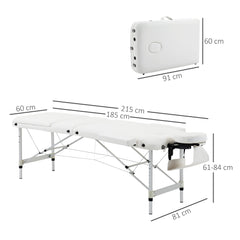 HOMCOM Foldable Massage Bed Portable Table, 3-Section Aluminium Foldable Beauty Couch, Professional Salon Spa Table with Headrest Support and Carry Bag, 81 cm Width, White