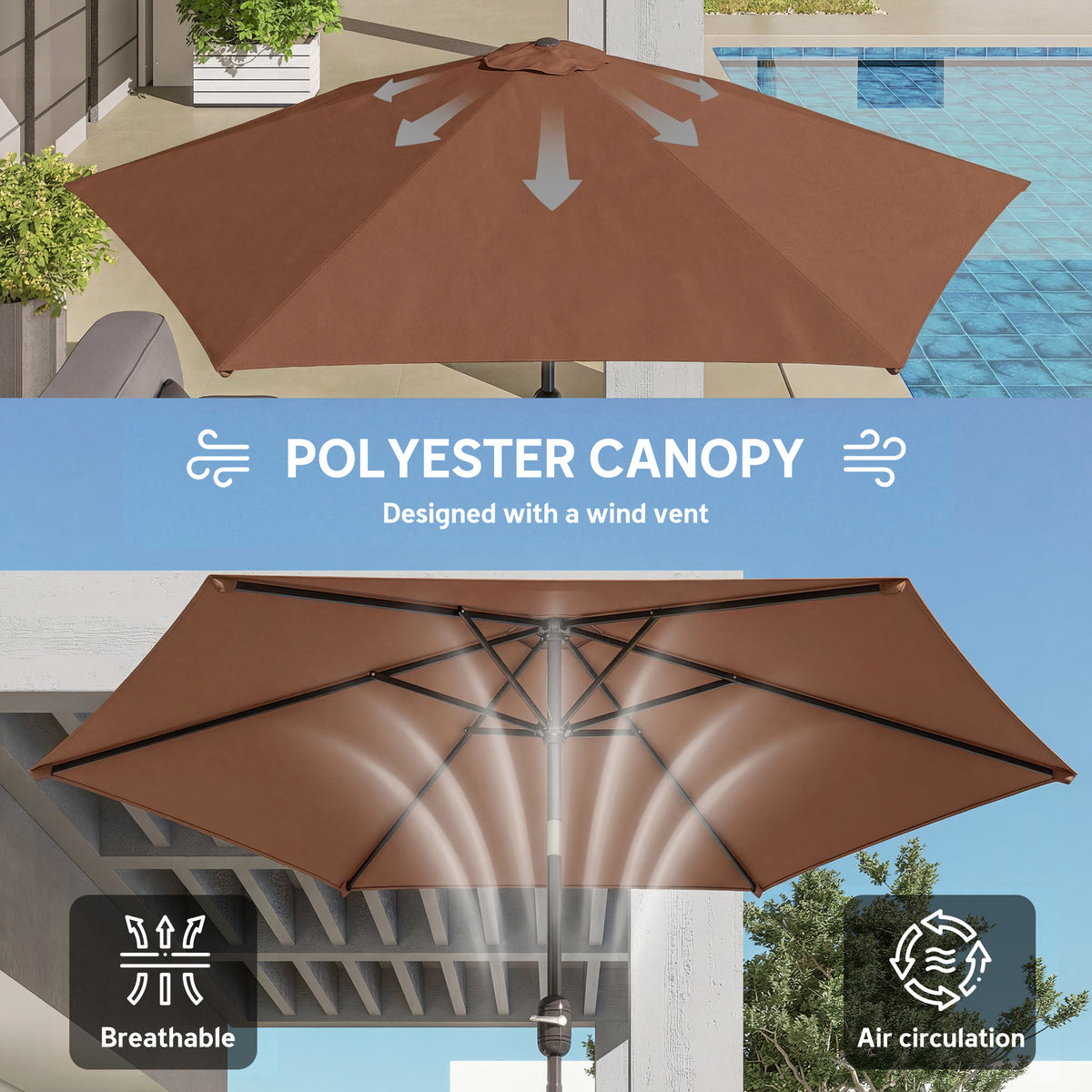 Outsunny 2.6 m Garden Parasol Umbrella with Aluminium Pole, Outdoor Patio Umbrella with Tilt and Crank, Vent, Coffee