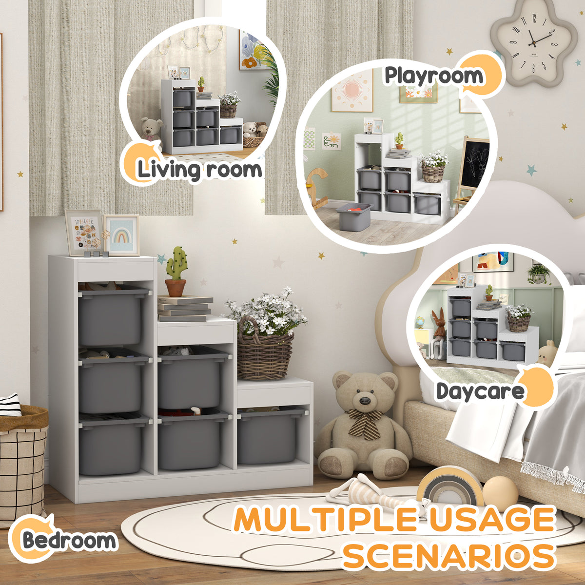 AIYAPLAY Toy Storage Organiser, Three-Layer Kids Toy Storage Units, with Removable Bins, for Ages 3-8 Years, Grey