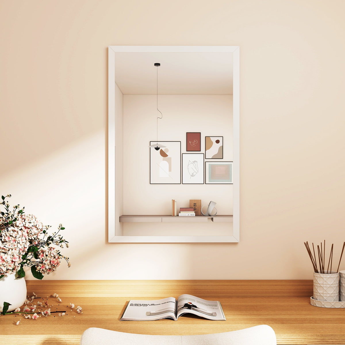 HOMCOM Rectangular wall mirror 60 x 40 cm, white wood frame, ideal for bathroom, living room or bedroom