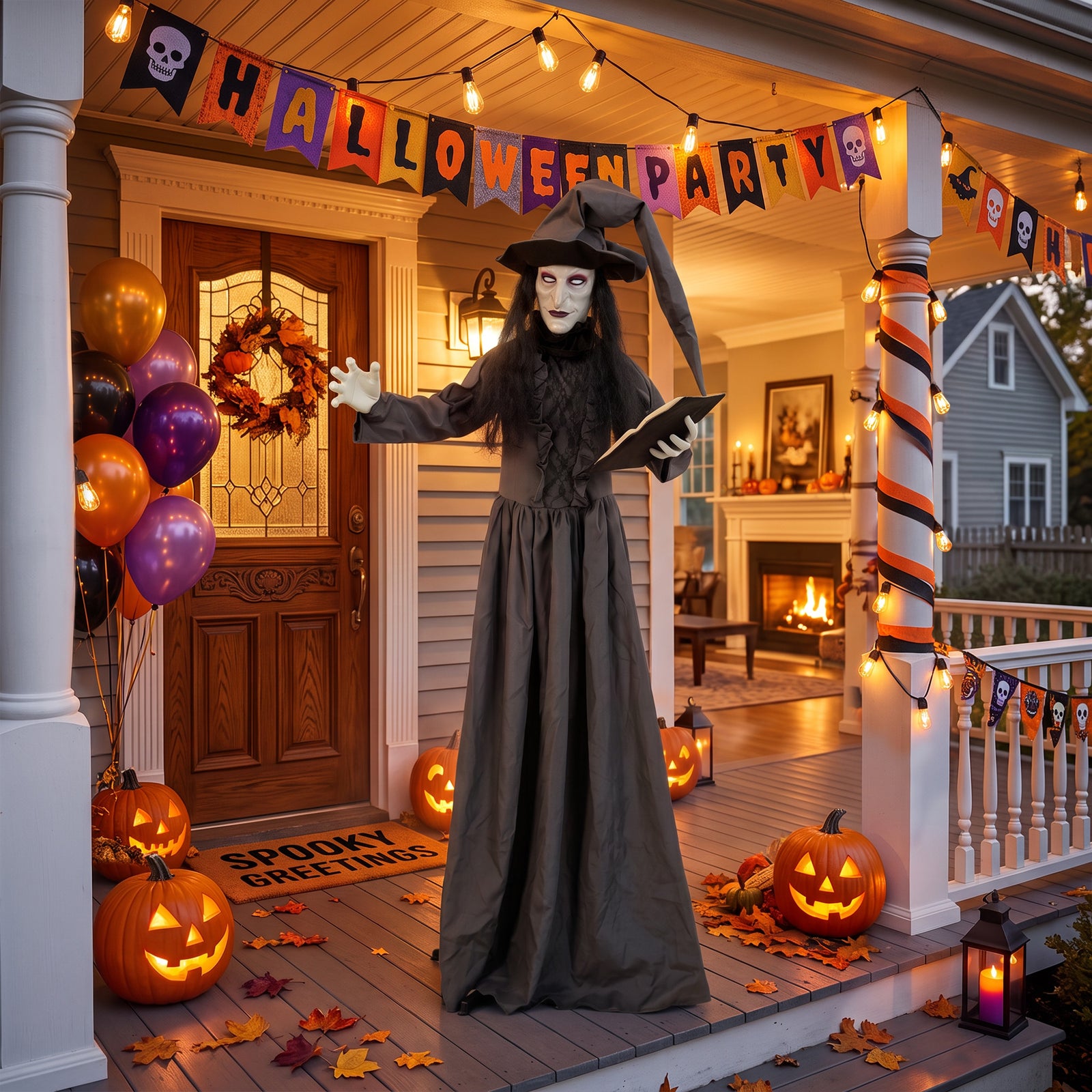 HOMCOM 180cm Life Size Animated Witch Halloween Decorations Outdoor Indoor, Scary Halloween Animatronics Decor
