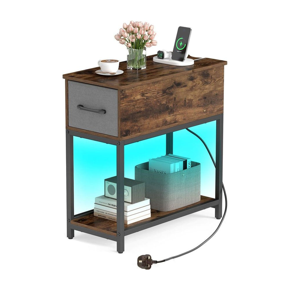 Narrow Side Table with charging station and LED lights in rustic brown finish
