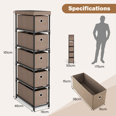 Narrow Dresser with 5 Drawers Slim Storage Tower with Metal Frame-Coffee