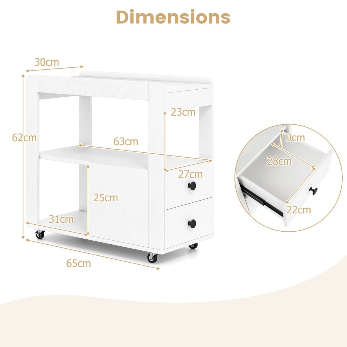 Modern 2-Drawer Sofa Side Table with Open Shelves-White