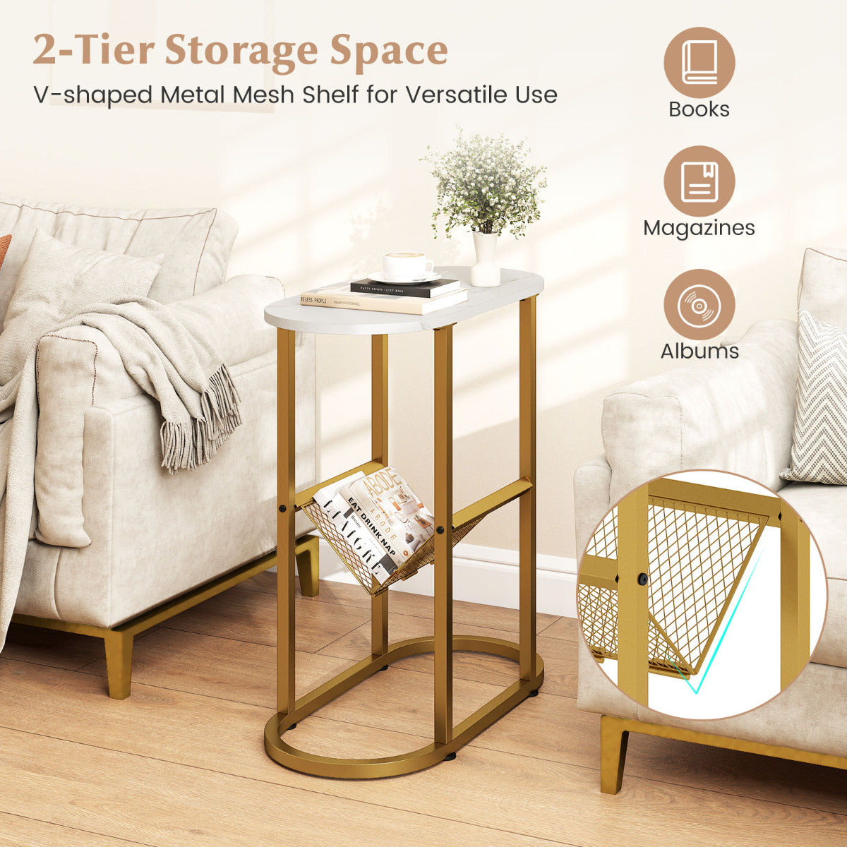 2-Tier Oval End Table Set of 2 Space-saving Slim Couch Side Table -White