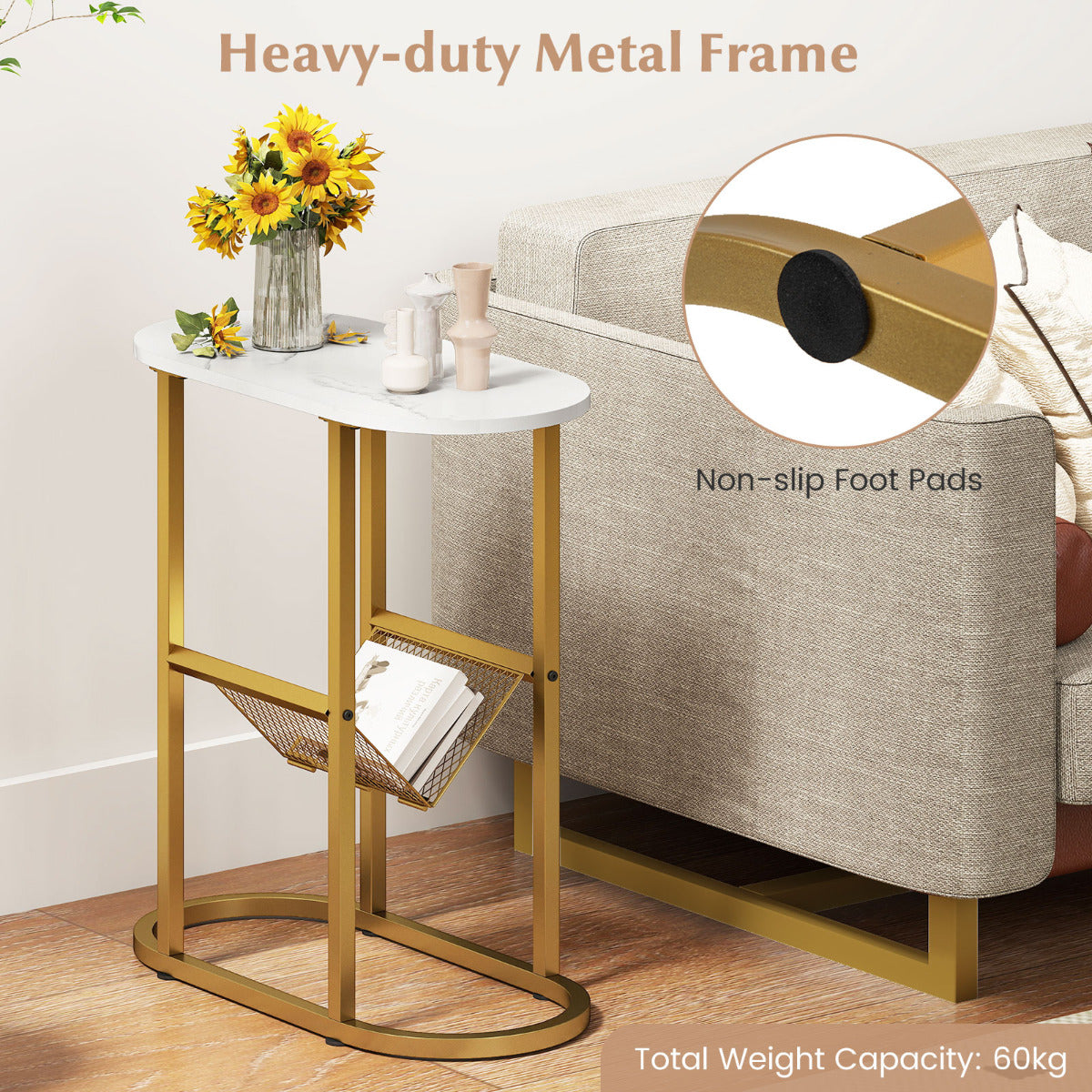 2-Tier Oval End Table Set of 2 Space-saving Slim Couch Side Table -White