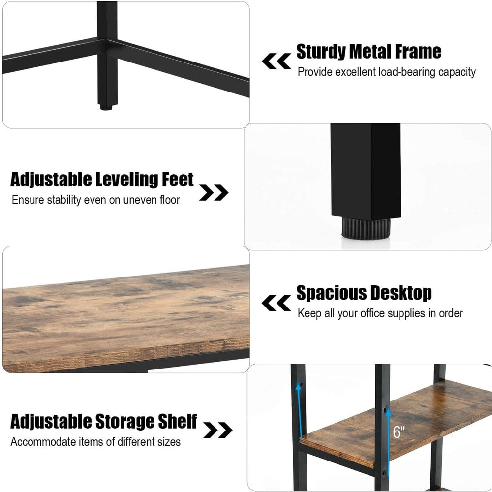 The office desk highlighting the metal frame, adjustable feet, and the removable shelf design