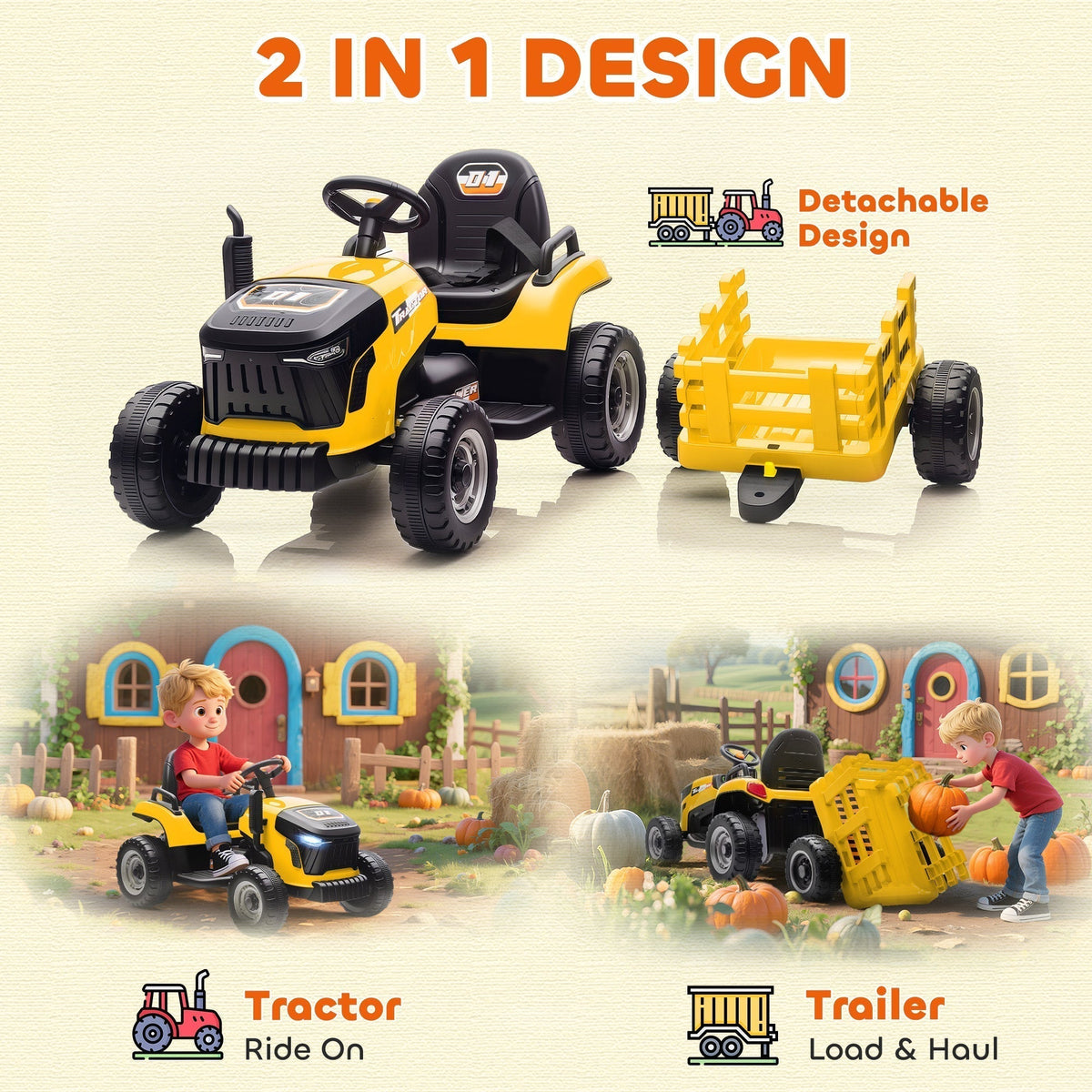 AIYAPLAY 12V Ride on Tractor and Trailer with Remote Control, Music, Shifter, Start-Up Sound, for Kids Ages 3-8 Years, Yellow