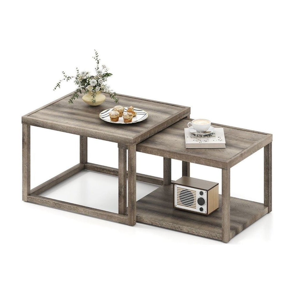 Nesting Coffee Table Set of 2 with storage shelf and rubber wood frame in grey finish