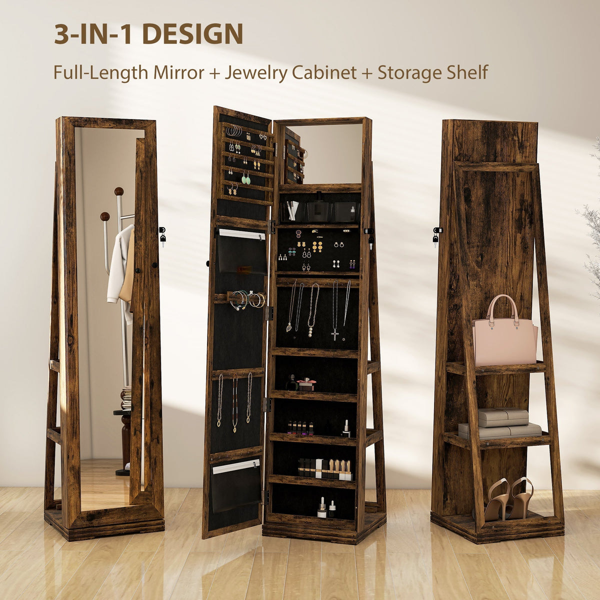 HOMCOM 360 Swivel Jewellery Cabinet, Free Standing Full Length Mirror with Storage, Lockable Jewellery Organiser with Built-in Makeup Mirror and Storage Shelves for Bedroom, Rustic Brown
