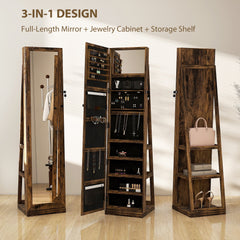 HOMCOM 360 Swivel Jewellery Cabinet, Free Standing Full Length Mirror with Storage, Lockable Jewellery Organiser with Built-in Makeup Mirror and Storage Shelves for Bedroom, Rustic Brown