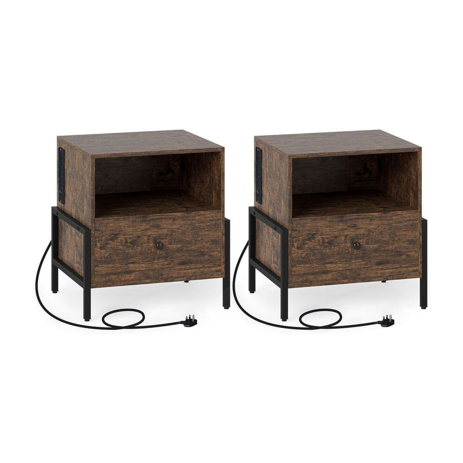 Nightstand with Charging Station 3-Tier Bedside Table with Drawer Set of 2-Brown
