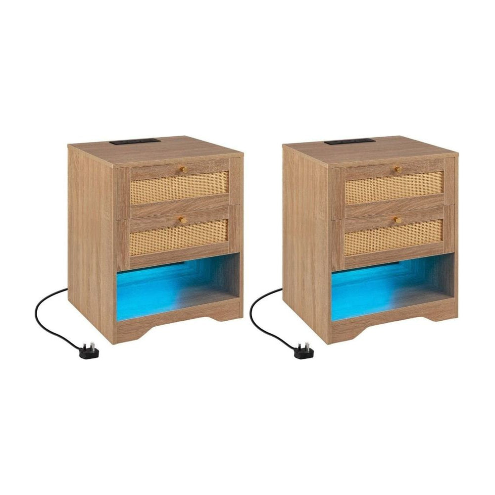 Nightstand with Charging Station set of two oak bedside tables with drawers and glowing blue base